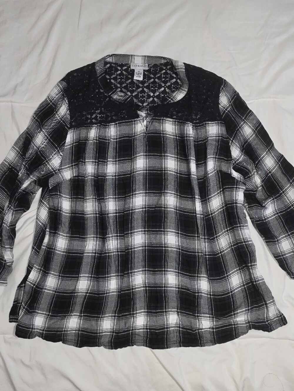 Catherines Black & White Plaid Lace Yoke Button-Up Top